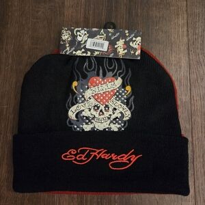 Nwt Unisex Ed Hardy Black and Red Skull Beanie